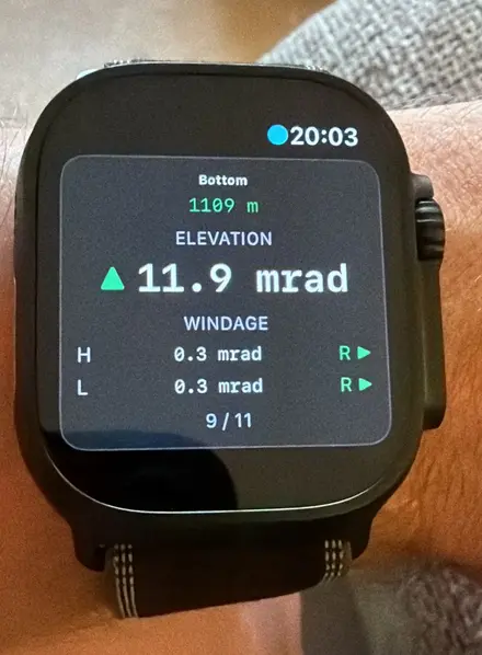 A dopeology target card on an Apple Watch: 1109 m, elevation 11.9 mrad up, windage 0.3 mrad right